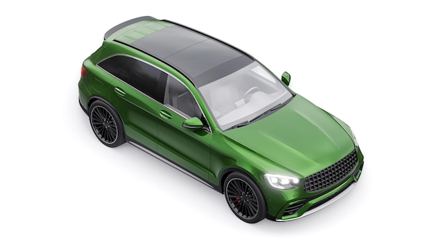 Un costoso automóvil deportivo ultrarrápido SUV para una conducción emocionante en la ciudad en la carretera y en la pista de carreras Modelo 3D de un automóvil verde sobre un fondo blanco aislado Representación 3d