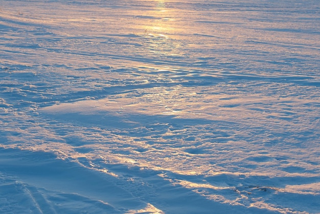 Una costra de nieve en el lago de invierno congelado al atardecer