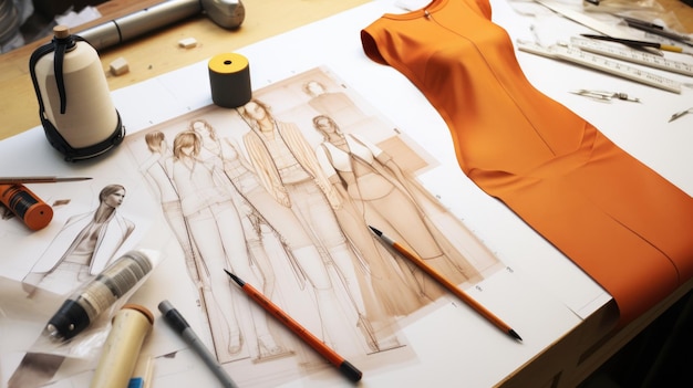 Foto costura designer de moda construtor trabalho na criação de roupas especialista desenha itens de armário cria desenhos e padrões implementação técnica de ideias de moda