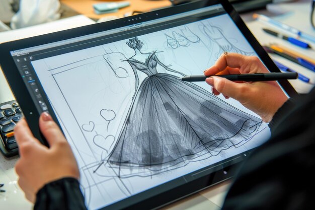 Foto costureira esboçando vestidos com visualização lateral de tablet gráfico