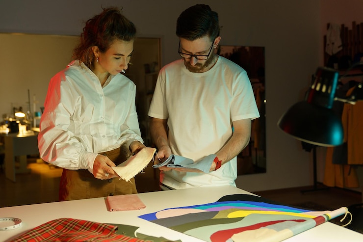 Foto costurera consultar con diseñador sobre textiles para nueva colección sastres autónomos trabajan juntos