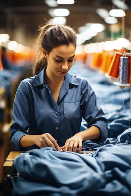 Una costurera experta navegando el ensamblaje de prendas de vestir en el corazón de una fábrica textil