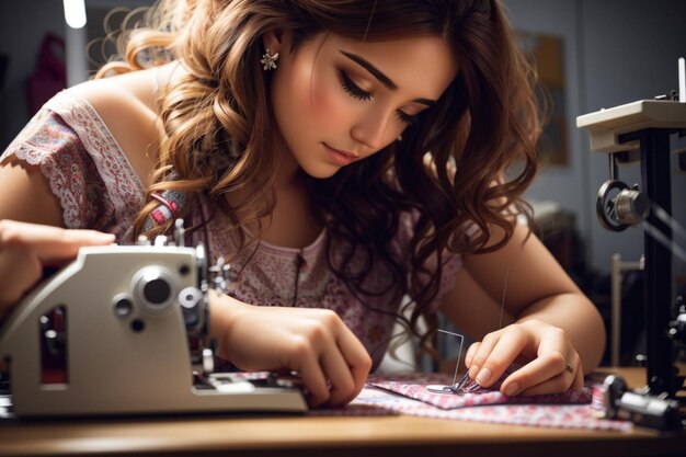 Foto costurera trabajando en casa