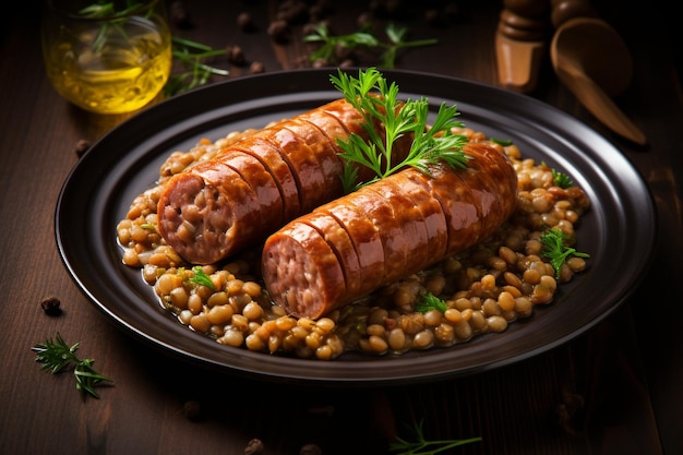 Cotechino mit Linsen traditionelles italienisches Gericht, das Glück und Wohlstand für das neue Jahr symbolisiert