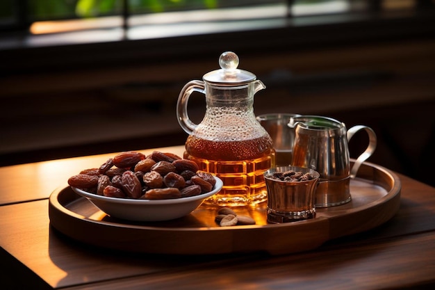 Cotilla de café árabe y dátiles en una mesa de madera