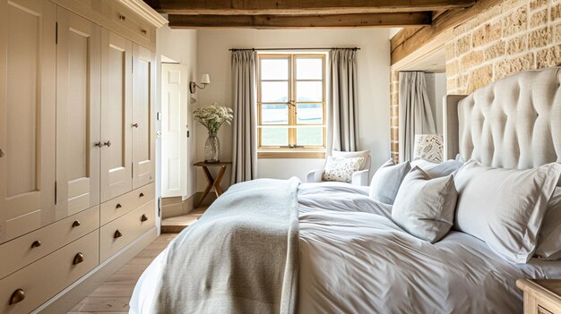 Cotswolds estilo de cabana decoração de quarto design de interiores e decoração de casa cama com roupa de cama elegante e