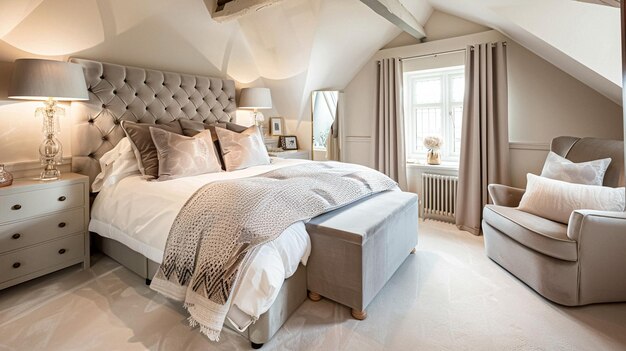 Foto cotswolds estilo de cabana decoração de quarto design de interiores e decoração de casa cama com roupa de cama elegante e