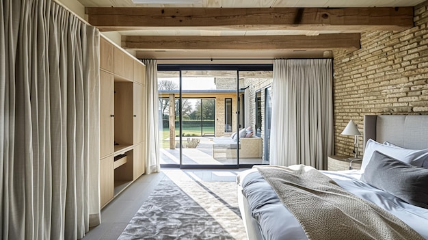 Cotswolds estilo de cabana decoração de quarto design de interiores e decoração de casa cama com roupa de cama elegante e