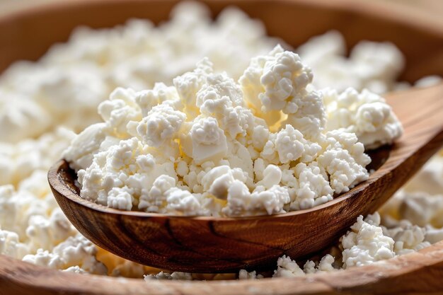 Foto cottage cheese in a wooden spoon up close generative ai