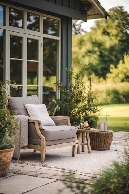 Cottage-Gartenmöbel und Landhaus-Patio- und Terrassendekor-Gartenlounge im Landhausstil mit generativer KI