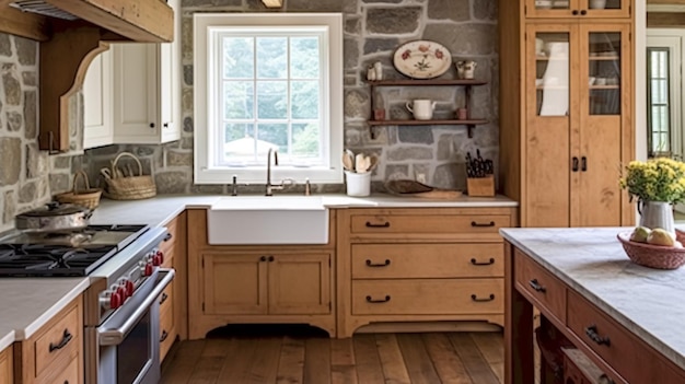 Cottage Küchendekoration Innenarchitektur und Landhaus aus Holz im Rahmen Küchenschrank Waschbecken Ofen und Stein Arbeitsplatte englischer Landstil