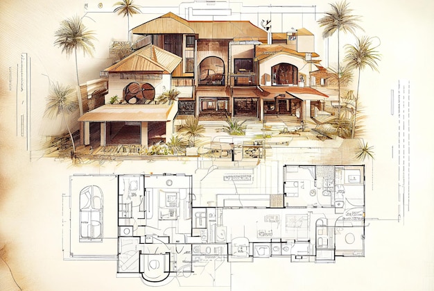 Foto cottage-villa, die auf bauplänen befindet und als 3d-modell-illustration mit generativer ki entsteht
