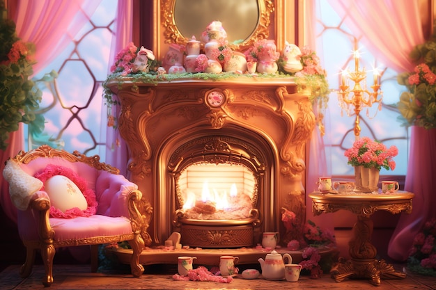 cottagecore Una chimenea victoriana con una ilustración de fuego rugido en tema victoriano kawaii para o