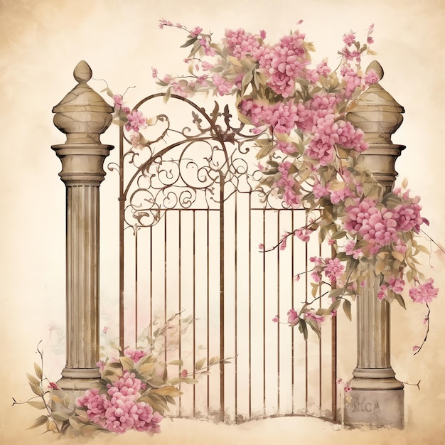 Cottagecore Garden gate papel antiguo papel digital vintage