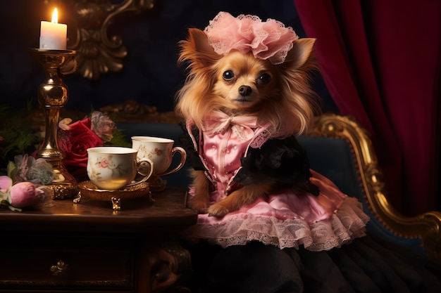 Foto cottagecore pequena ilustração de cão vitoriano em tema vitoriano kawaii para capa de livro ou