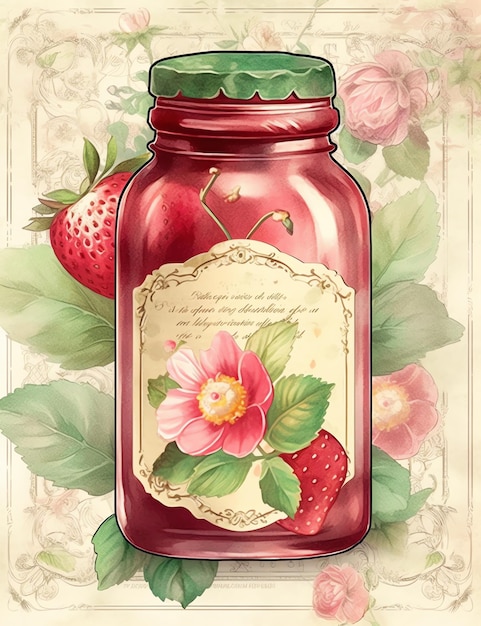 Cottagecore Strawberry jar viejo papel vintage papel digital