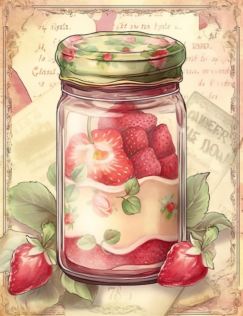 Cottagecore Strawberry jar viejo papel vintage papel digital