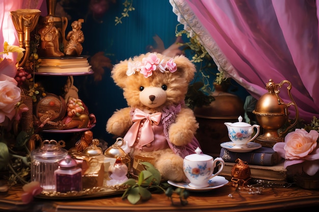 Foto cottagecore ursinho de pelúcia vitoriano em uma ilustração de festa de chá em tema vitoriano kawaii para livro ou