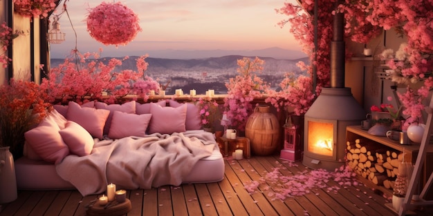 Foto couch auf holzboden mit rosa blumen