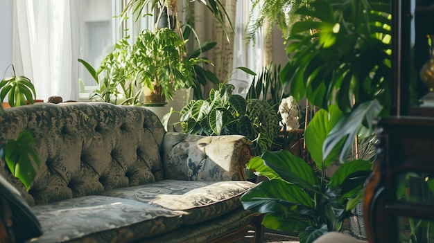 Couch y plantas verdes en una vida acogedora en Rainforest Plant Boho Houseplant City AI Generative