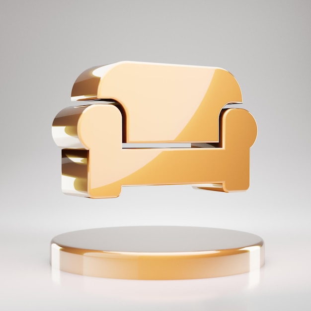 Couch-Symbol. Gelbgold-Copyright-Symbol auf goldenem Podium. 3D-gerendertes Social Media-Symbol.