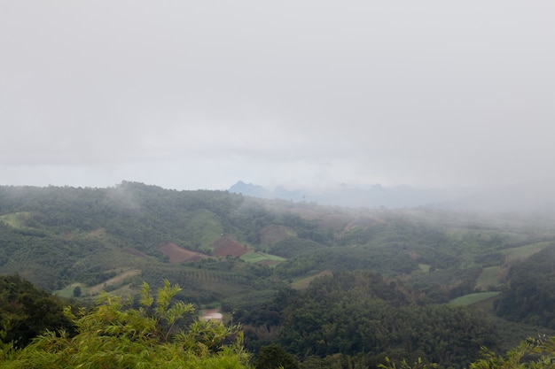 Coudy Dark Day con niebla en las montañas