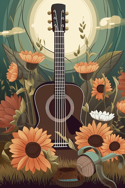 Country Music Festival Poster mit Akustikgitarre und Blumen Generative KI