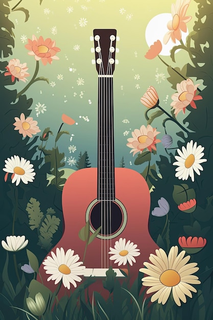 Country Music Festival Poster mit Akustikgitarre und Blumen Generative KI