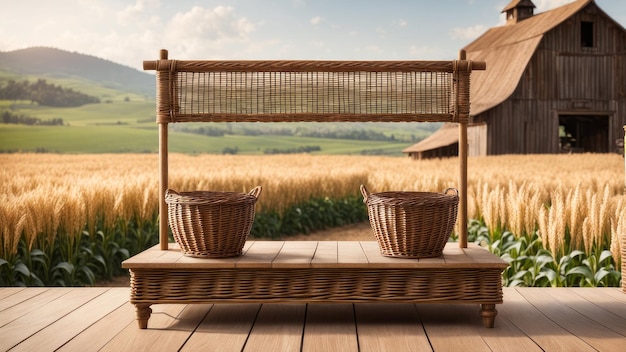 Countryside Wicker Podium mit rustikaler Farm Hintergrund