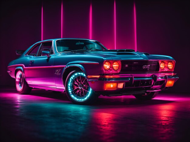 Coupé-Auto im Neon-Stil auf dunklem Hintergrund