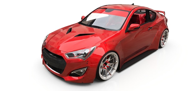 Coupé de coche deportivo pequeño rojo sobre fondo blanco. representación 3d