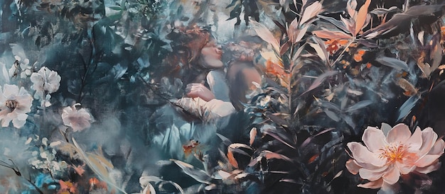 Couple embracing amidst lush blooming flowers and foliage in a dreamy hazy garden