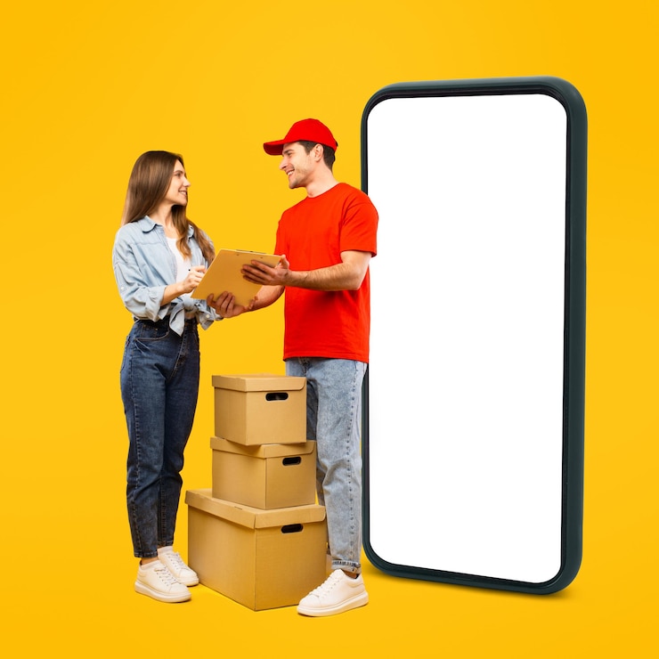 Foto courier e papéis de assinatura feminina perto de fundo amarelo de telefone grande