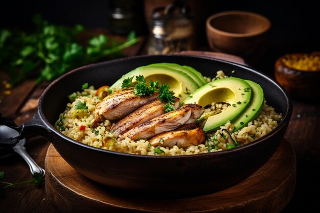 Couscous con filete de pollo y aguacate con verduras comida vegetariana de dieta saludable