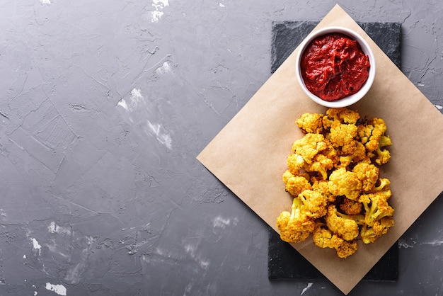 Couve-flor assada com molho de tomate em fundo cinza com espaço de cópia