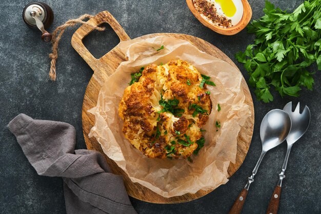 Couve-flor assada Forno ou couve-flor cozida inteira e ervas servidor na placa rústica de madeira na velha mesa de fundo cinza Delicioso prato de couve-flor Eyal Shani Lanche saboroso perfeito