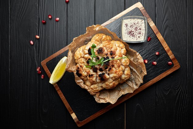 Couve-flor frita com molho, em tábua de madeira