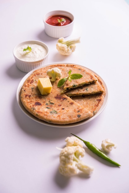 Couve-flor recheada ou gobi paratha é um pão achatado indiano. menu de café da manhã ou almoço favorito no norte da índia, servido sobre um fundo sombrio com requeijão e ketchup de tomate em uma tigela