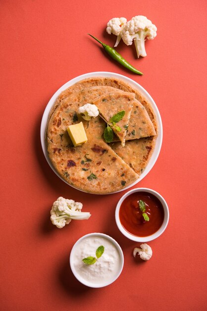 Couve-flor recheada ou Gobi Paratha é um pão achatado indiano. menu de café da manhã ou almoço favorito no norte da Índia, servido sobre um fundo sombrio com requeijão e ketchup de tomate em uma tigela