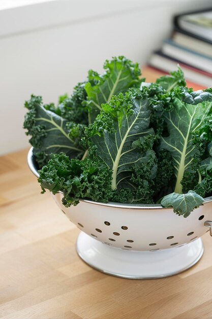 Couve fresca em um colander pronta para ser cozida