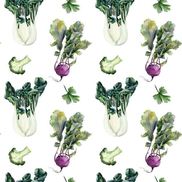 Couve-rábano bok choy Repolho chinês brócolis salsa padrão de aquarela Ilustração de comida realista