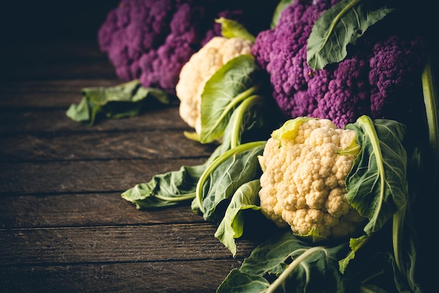 Couves-flores coloridas frescas cruas em um fundo escuro de madeira alimentação saudável