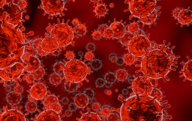 Covid-19, brote de gripe corona virus 2019-ncov, vista microscópica de células flotantes del virus de la gripe, concepto de riesgo de pandemia de SARS, fondo de representación 3D