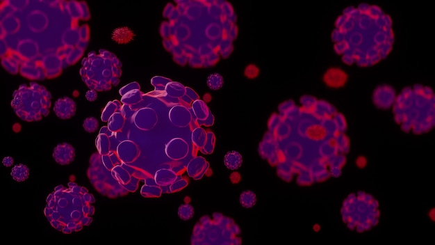 Covid 19, Coronavirus 2019-n, Visão microscópica de células do vírus influenza flutuantes. Renderização em 3d.