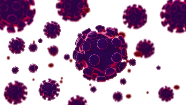 Covid 19, Coronavirus 2019-n, Visão microscópica de células do vírus influenza flutuantes. Renderização em 3d.