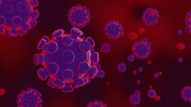 Covid 19, Coronavirus 2019-n, Vista microscópica de las células flotantes del virus de la influenza. Representación 3d