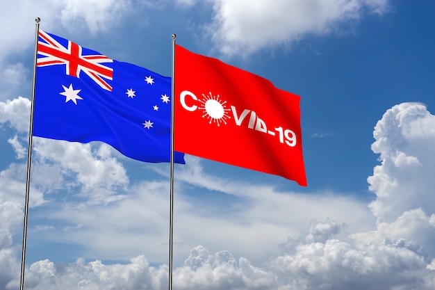 Covid-19 no fundo da nuvem com a bandeira e o ícone da Austrália. Coronavírus na Austrália. Renderização 3D