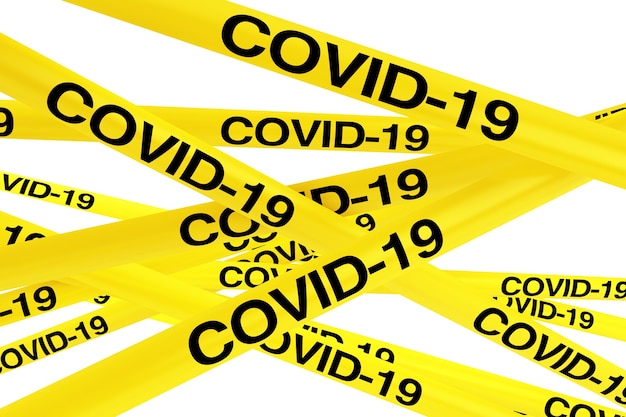 COVID-19 Quarantänezone Gelbe Bandstreifen auf weißem Hintergrund. 3D-Rendering