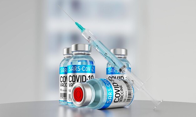 Covid 19 SARS CoV 2 Coronavirus-Impfstofffläschchen und Spritze 3D-Illustration