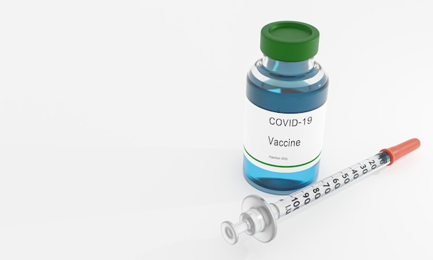 Covid-19 virus nCoV Concept Vacina contra o vírus para injecção com seringa Flasco de medicamento para injecção Flascos de vidro médico e seringa para vacinação Renderização 3D